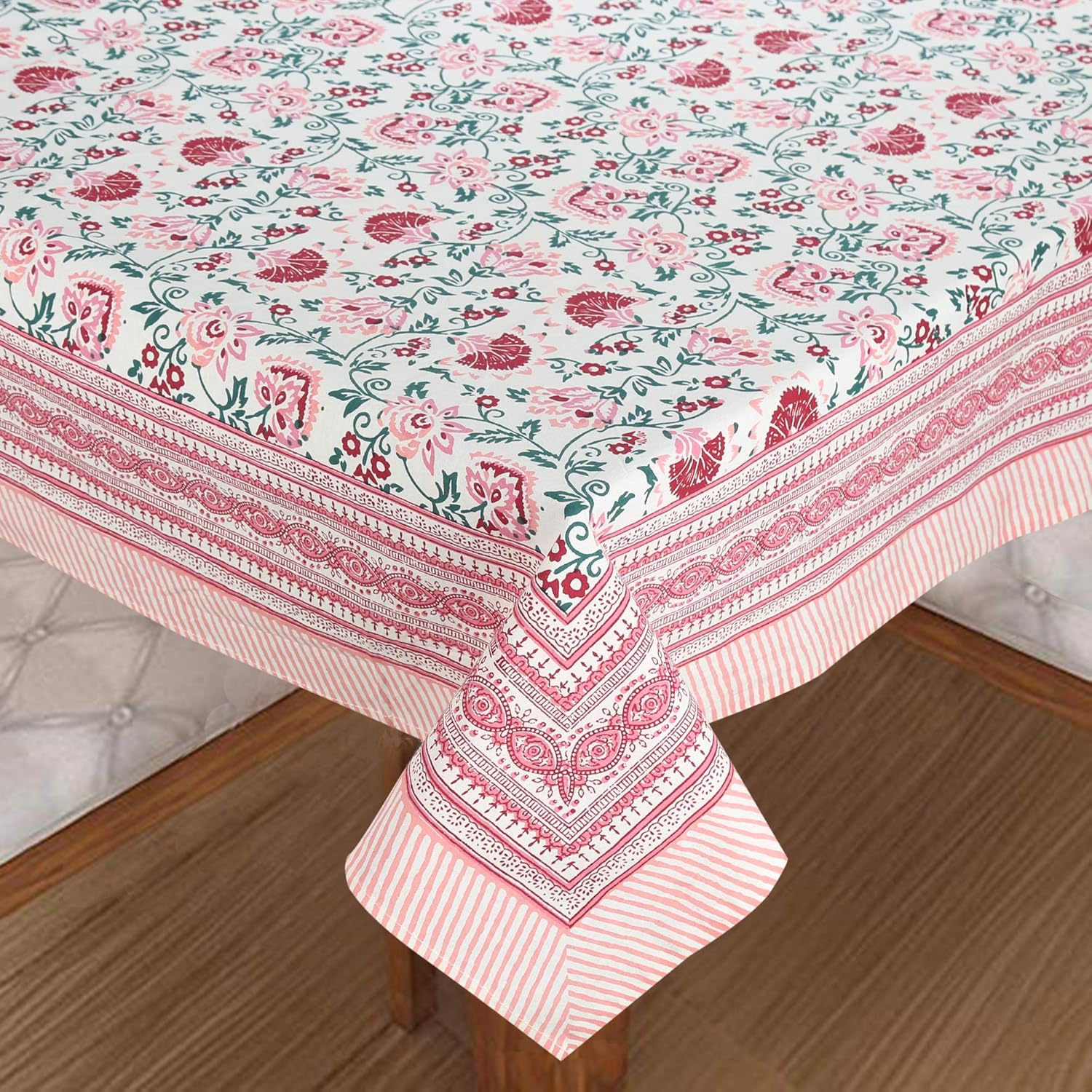 Pink Shalimar Jaal Hand Block Printed Cotton Table Cover I 6 Seater