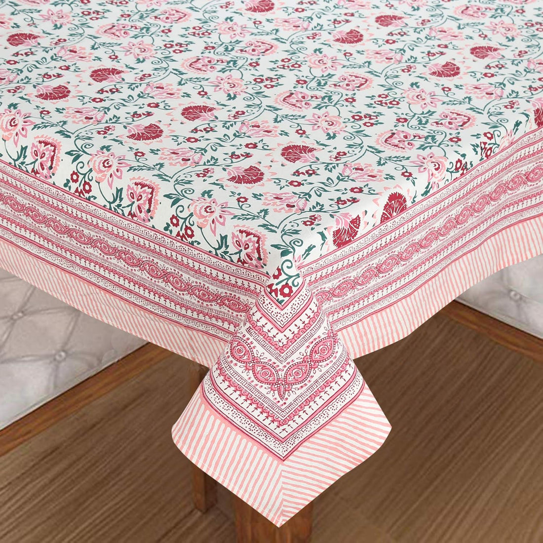 Pink Shalimar Jaal Hand Block Printed Cotton Table Cover I 6 Seater