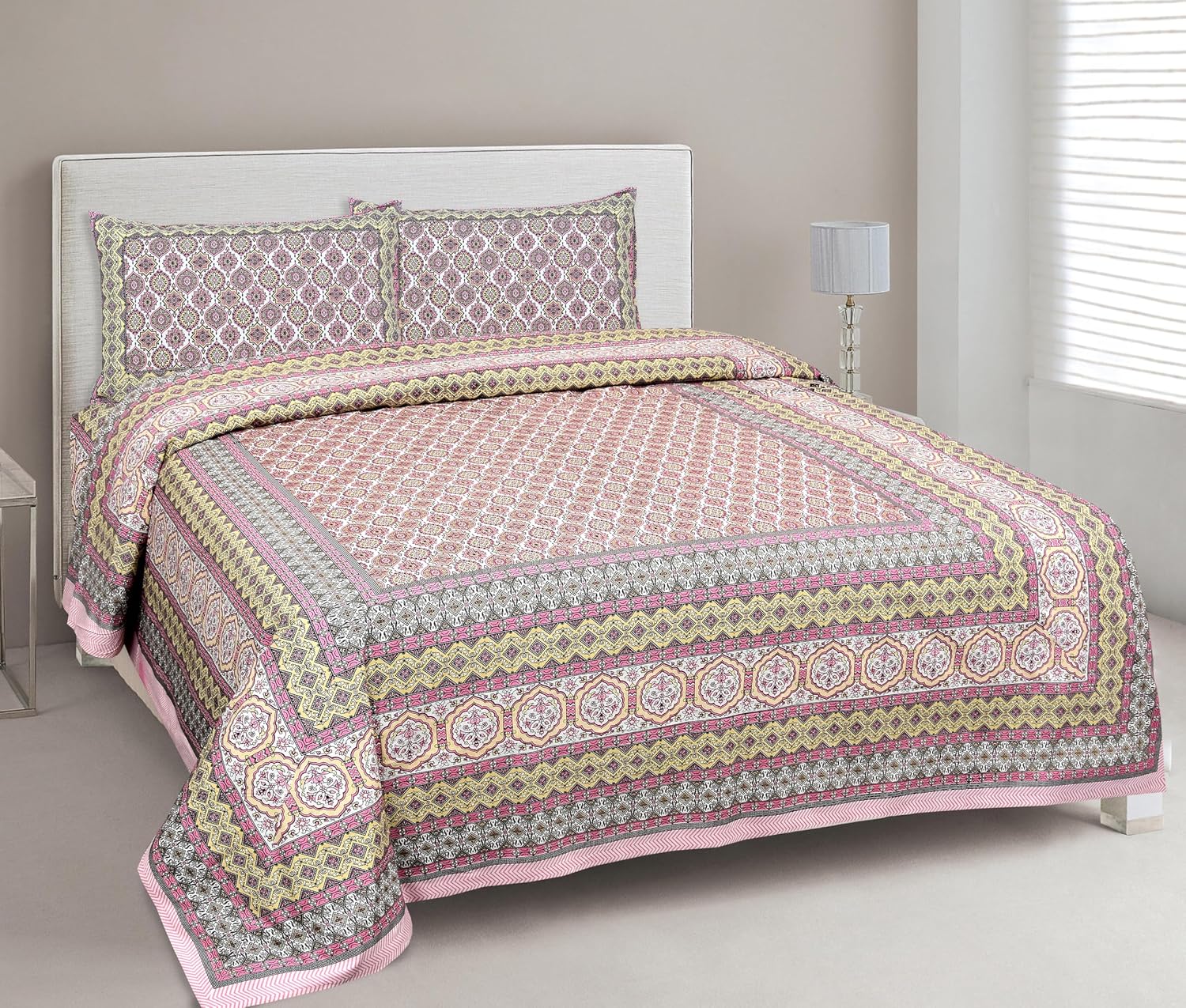 Gulabi Chhaon Hand Block Printed Cotton King Bedsheet Set | 90×108 | 240 TC