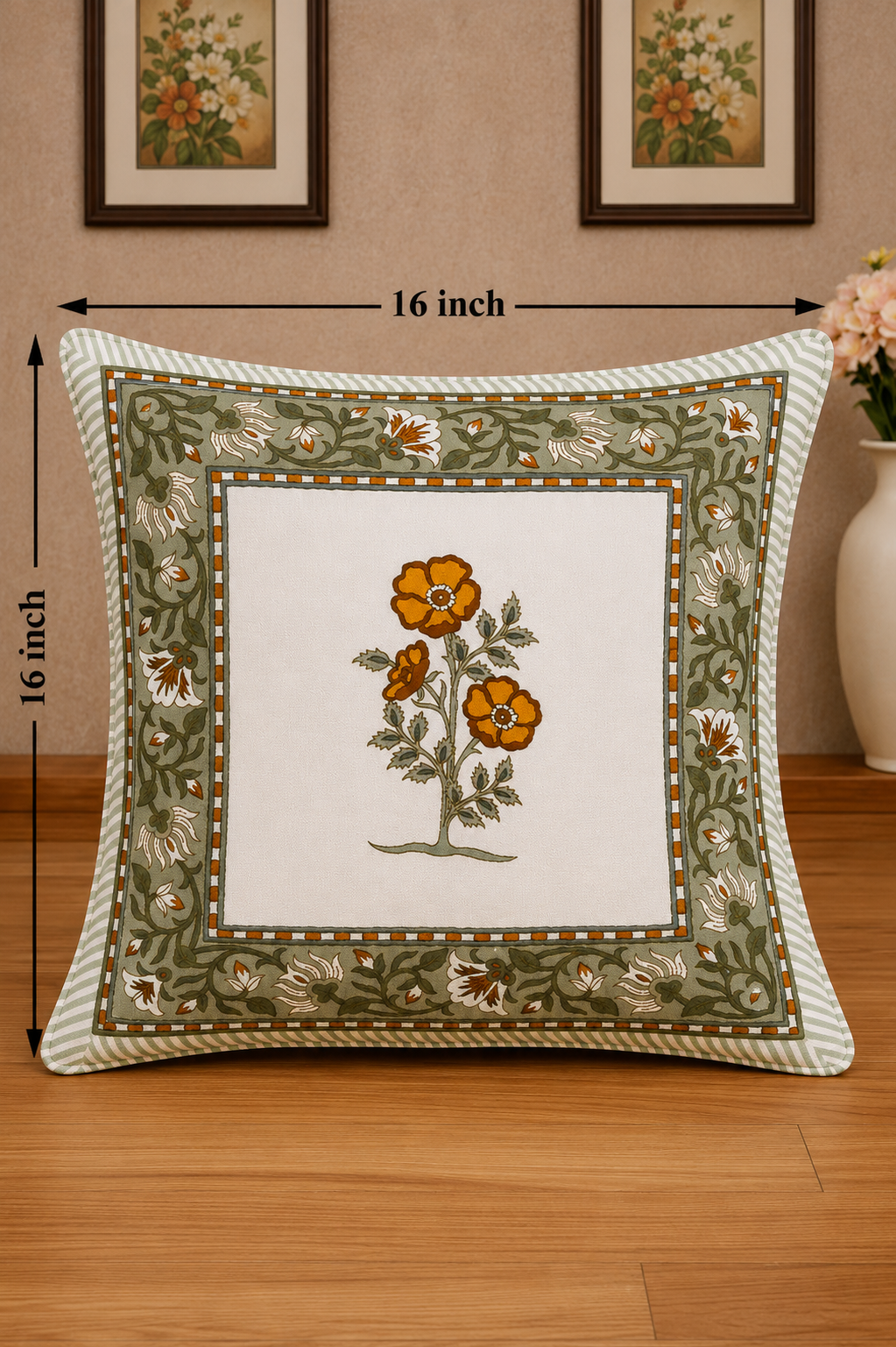 Amber Bloom Cushion Covers 16x16 Inches Pack of 5 | Jaipuri Hand Block Print Cotton Pillow Covers | Soft 300 TC Decorative Throw Cushion Cover Set
