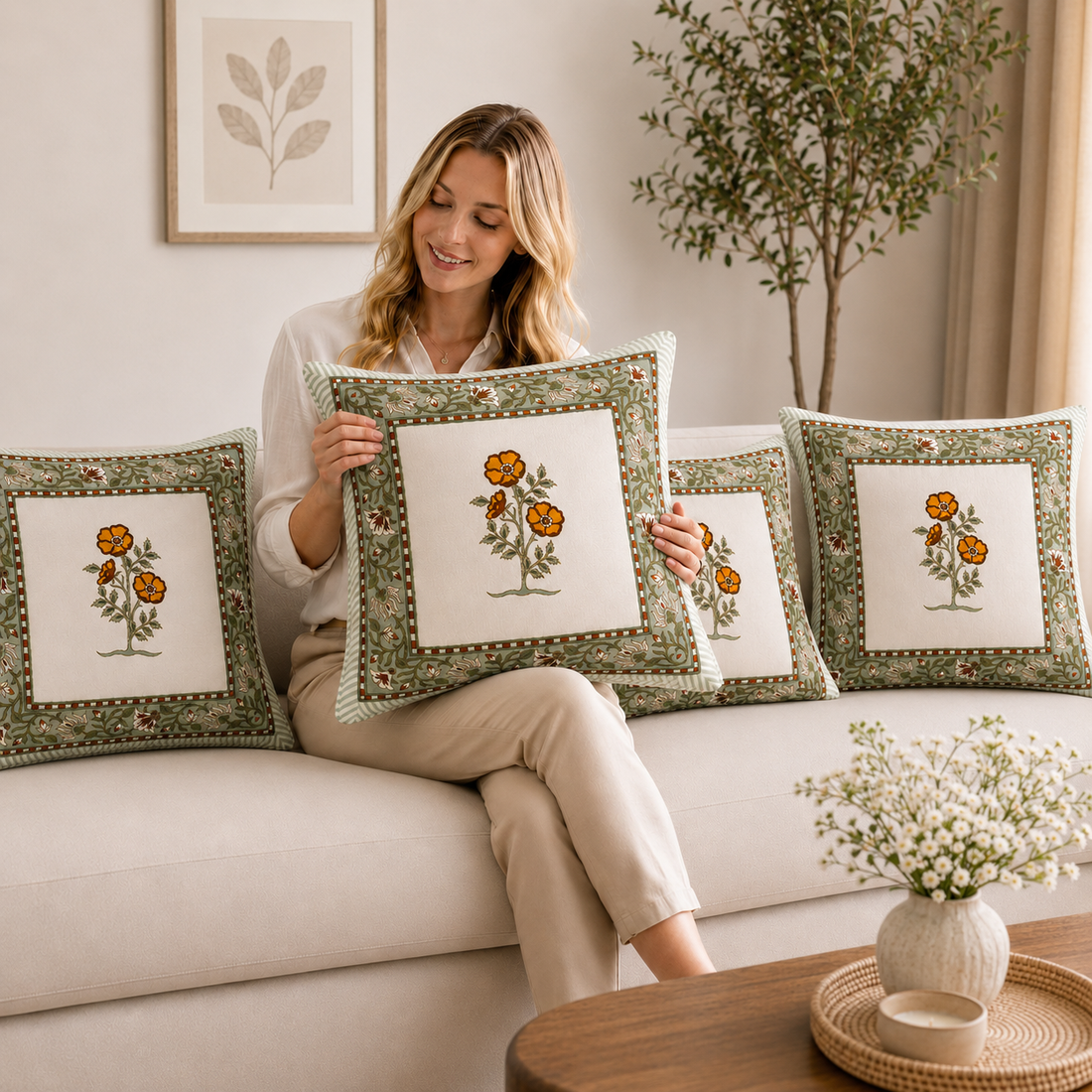 Amber Bloom Cushion Covers 16x16 Inches Pack of 5 | Jaipuri Hand Block Print Cotton Pillow Covers | Soft 300 TC Decorative Throw Cushion Cover Set