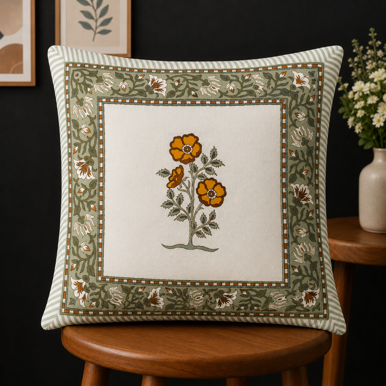 Amber Bloom Cushion Covers 16x16 Inches Pack of 5 | Jaipuri Hand Block Print Cotton Pillow Covers | Soft 300 TC Decorative Throw Cushion Cover Set