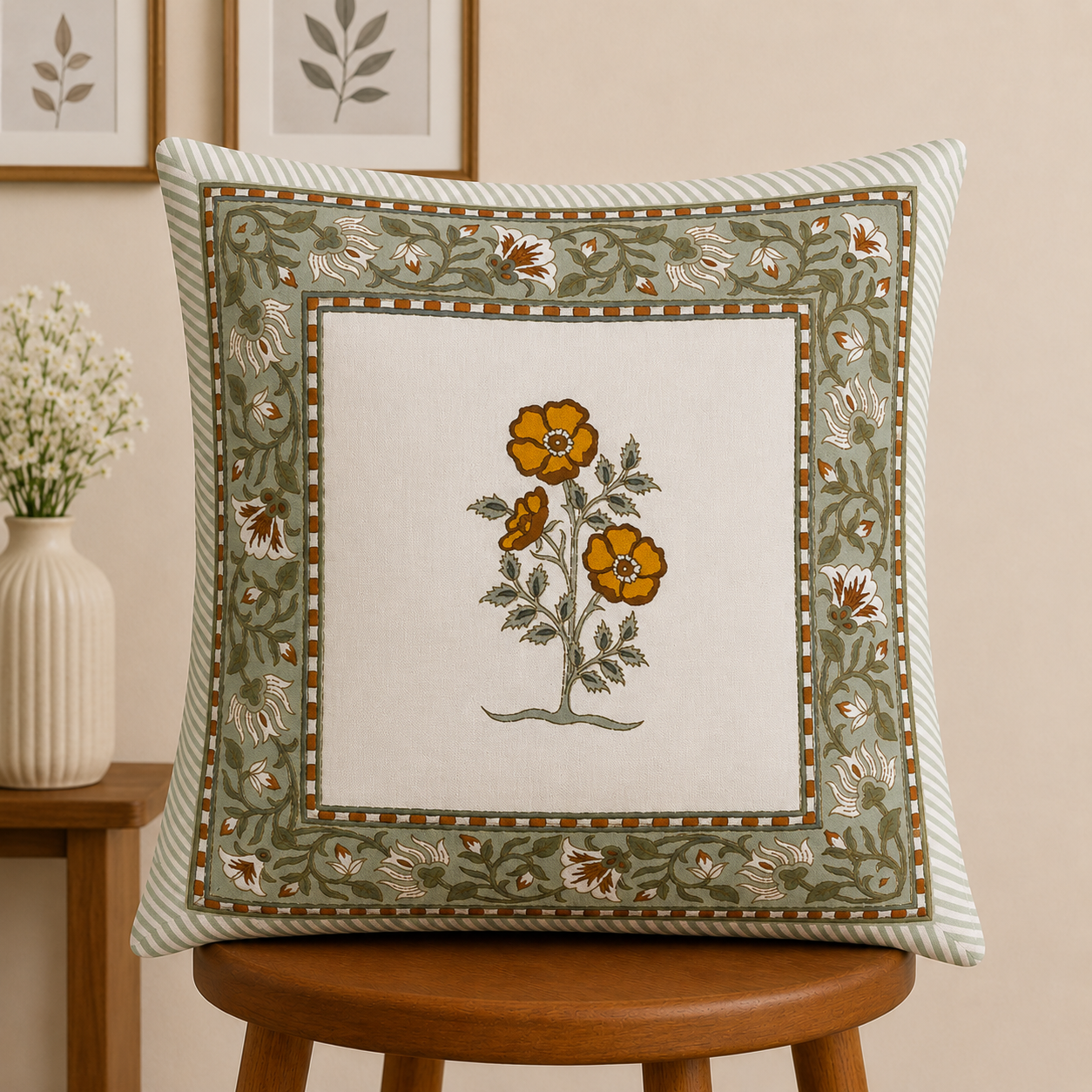 Amber Bloom Cushion Covers 16x16 Inches Pack of 5 | Jaipuri Hand Block Print Cotton Pillow Covers | Soft 300 TC Decorative Throw Cushion Cover Set