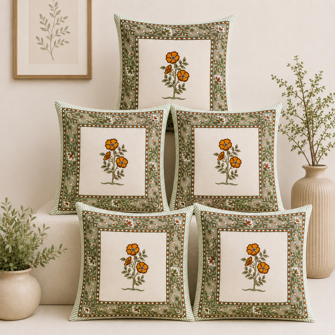 Amber Bloom yellow hand block printed cotton cushion covers 16x16 inches pack of 5