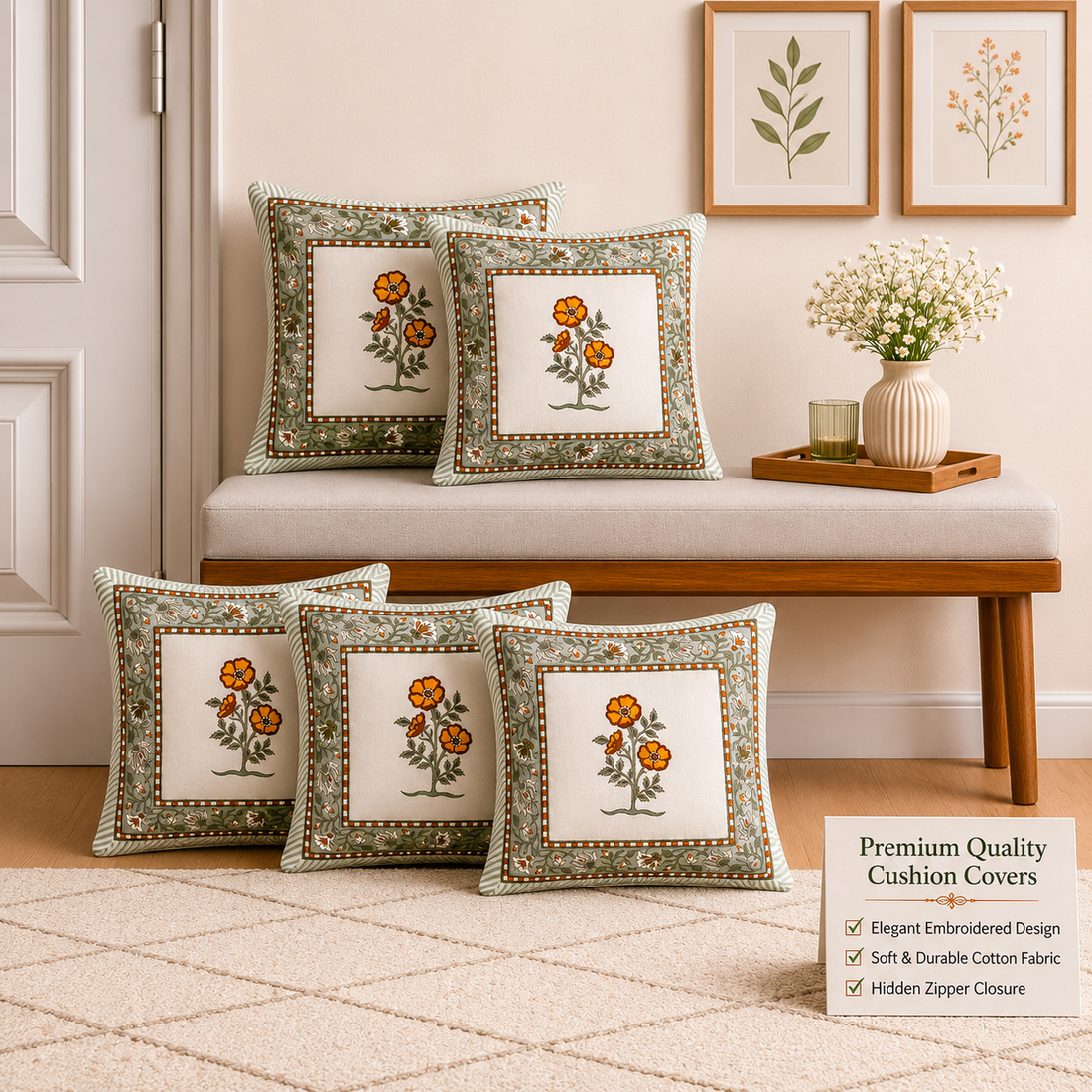 Amber Bloom Cushion Covers 16x16 Inches Pack of 5 | Jaipuri Hand Block Print Cotton Pillow Covers | Soft 300 TC Decorative Throw Cushion Cover Set