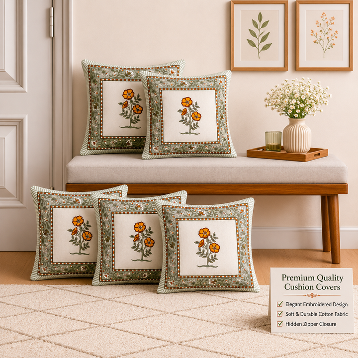Amber Bloom Cushion Covers 16x16 Inches Pack of 5 | Jaipuri Hand Block Print Cotton Pillow Covers | Soft 300 TC Decorative Throw Cushion Cover Set