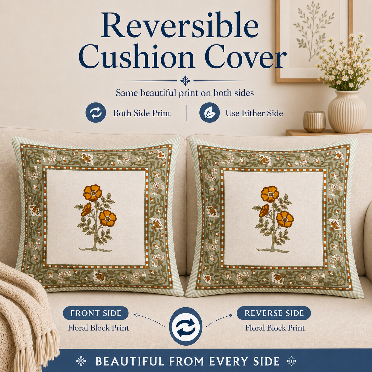 Amber Bloom Cushion Covers 16x16 Inches Pack of 5 | Jaipuri Hand Block Print Cotton Pillow Covers | Soft 300 TC Decorative Throw Cushion Cover Set