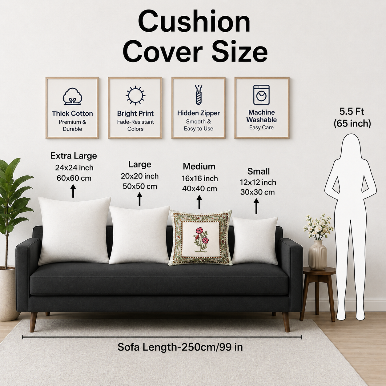 Amber Bloom Cushion Covers 16x16 Inches Pack of 5 | Jaipuri Hand Block Print Cotton Pillow Covers | Soft 300 TC Decorative Throw Cushion Cover Set