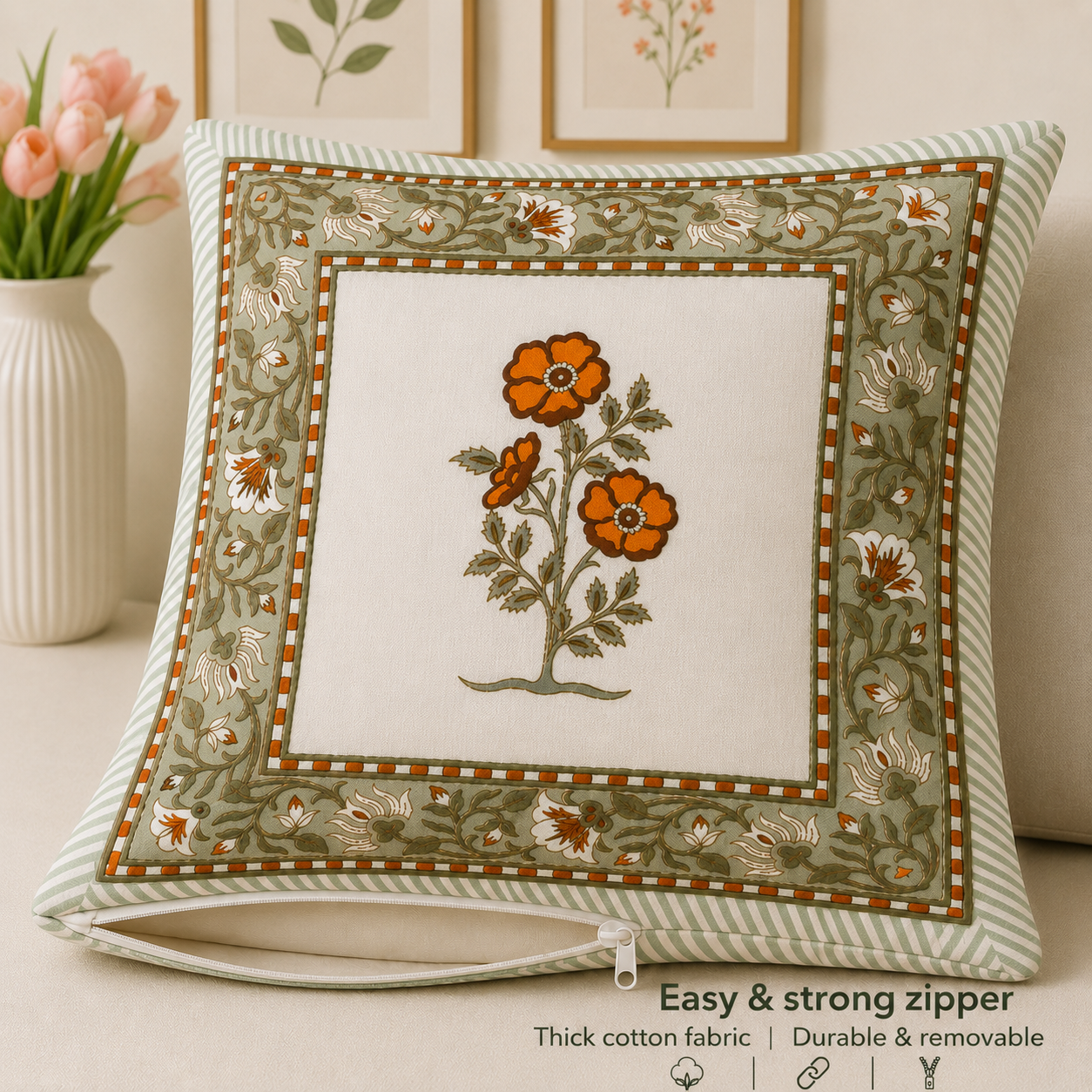 Amber Bloom Cushion Covers 16x16 Inches Pack of 5 | Jaipuri Hand Block Print Cotton Pillow Covers | Soft 300 TC Decorative Throw Cushion Cover Set