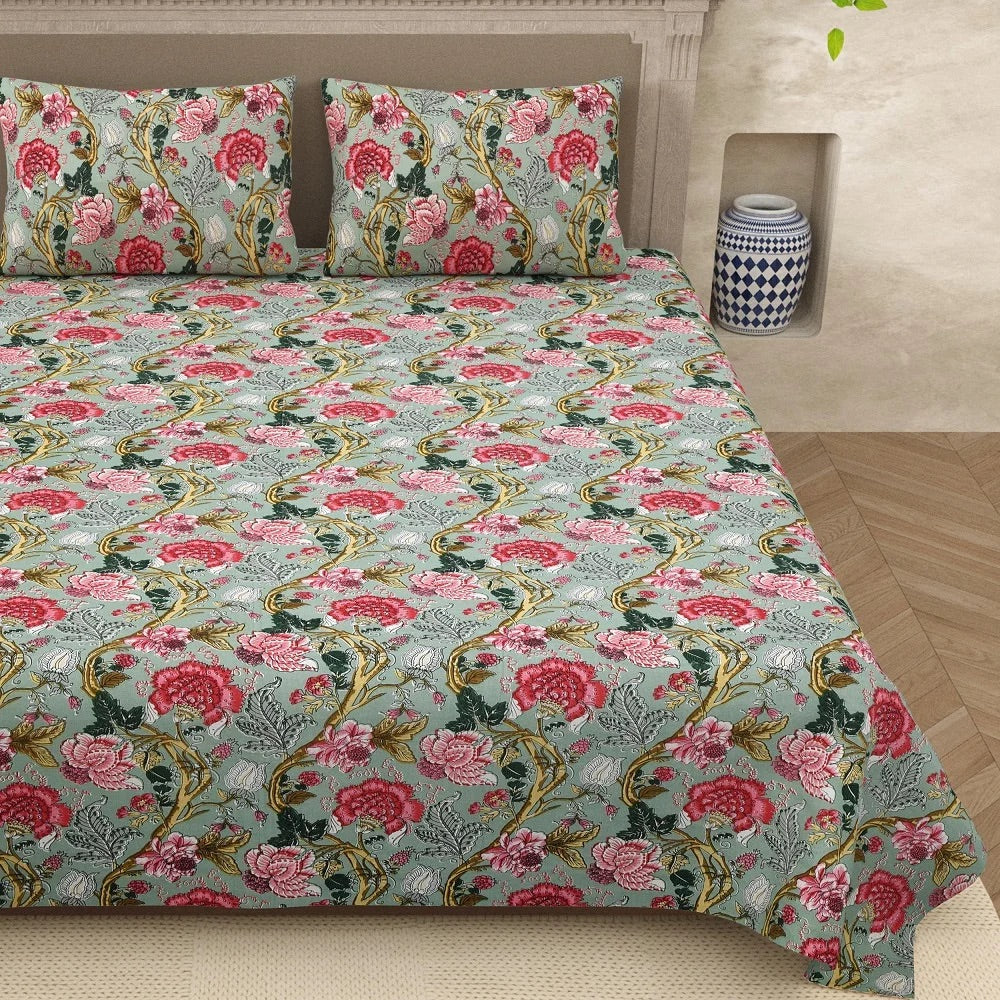 Anokhi Olive Floral hand block printed cotton super king bedsheet 95x108 with 2 pillow covers