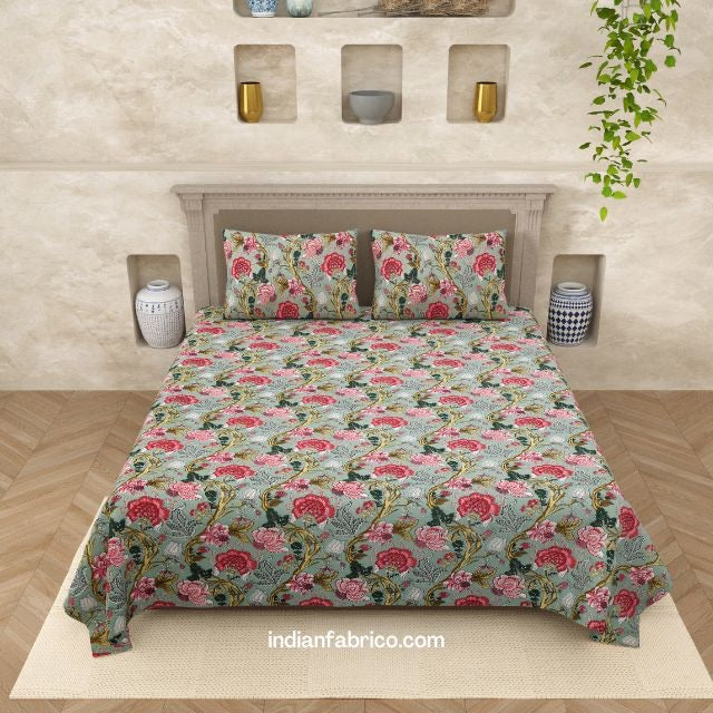 Anokhi Olive Floral Hand Block Printed Cotton Super King Bedsheet Set | 90×108 | 240 TC