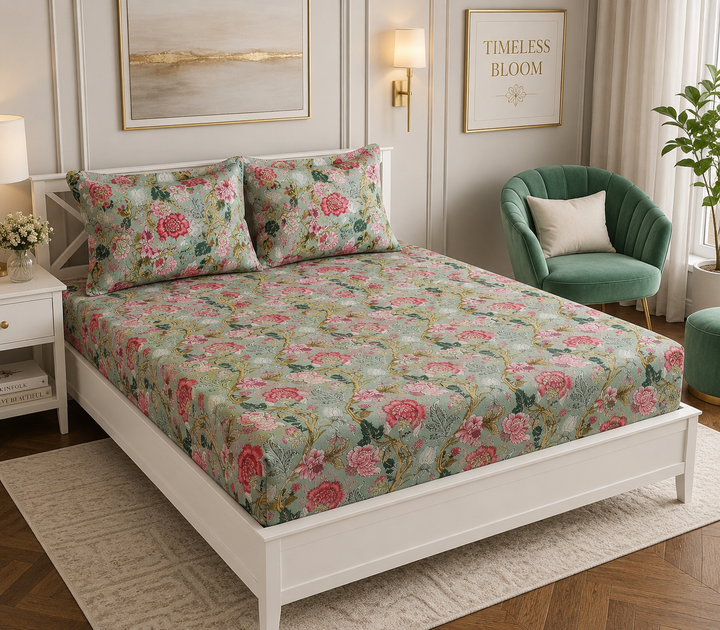 Anokhi Olive Elastic Cotton Fitted King Bedsheet (78×72×8 Inch) with 2 Pillow Covers (18×28 Inch) | Soft & Cozy Bedding
