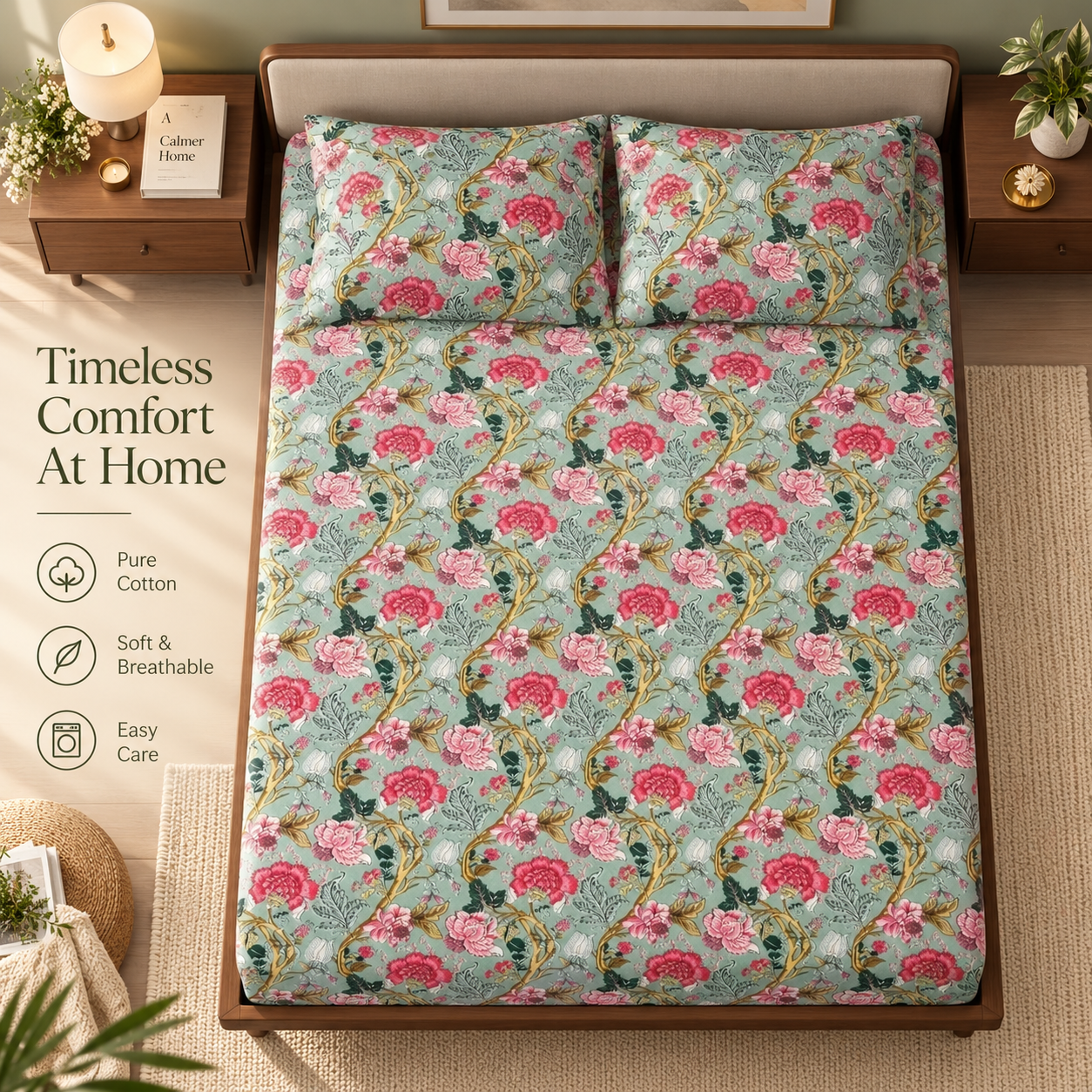 Anokhi Olive Elastic Cotton Fitted King Bedsheet (78×72×8 Inch) with 2 Pillow Covers (18×28 Inch) | Soft & Cozy Bedding