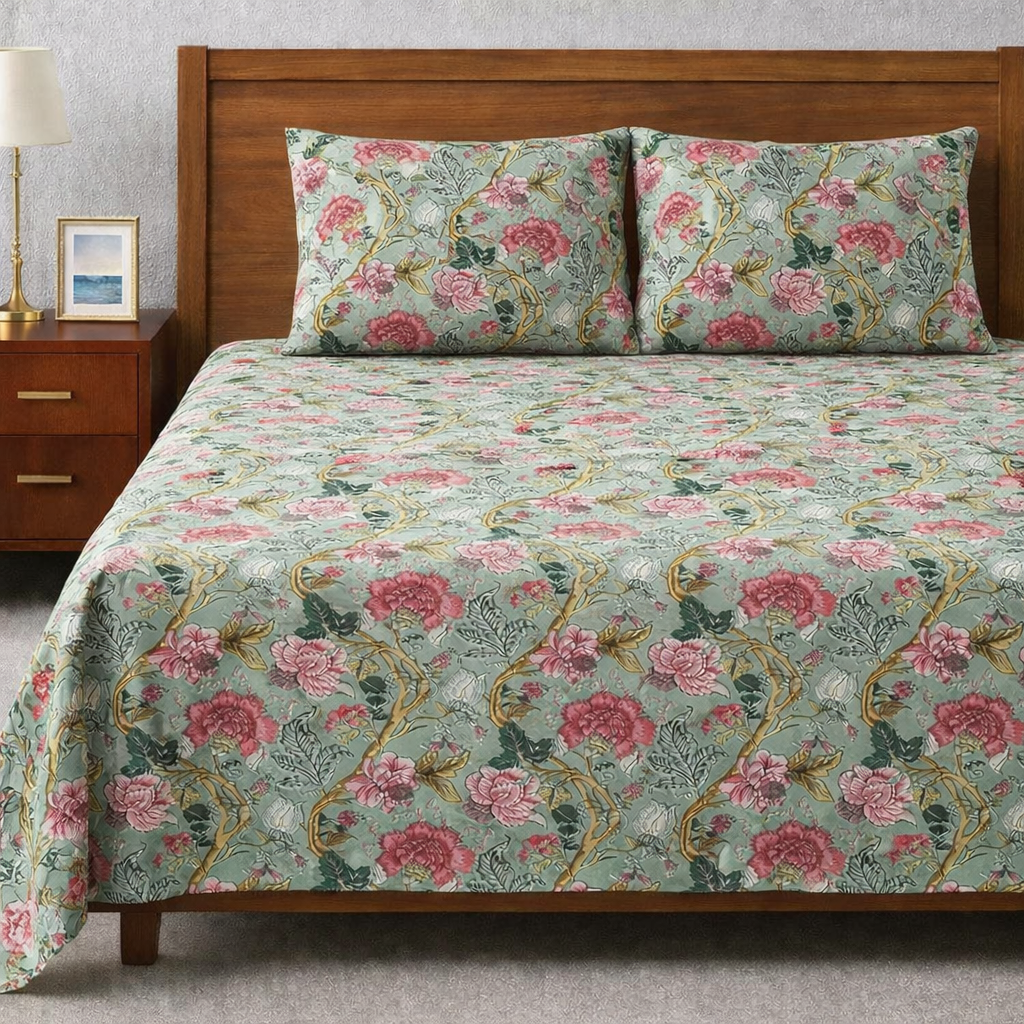 Anokhi Olive Floral Delight Hand Block Printed Cotton King Bedsheet Set