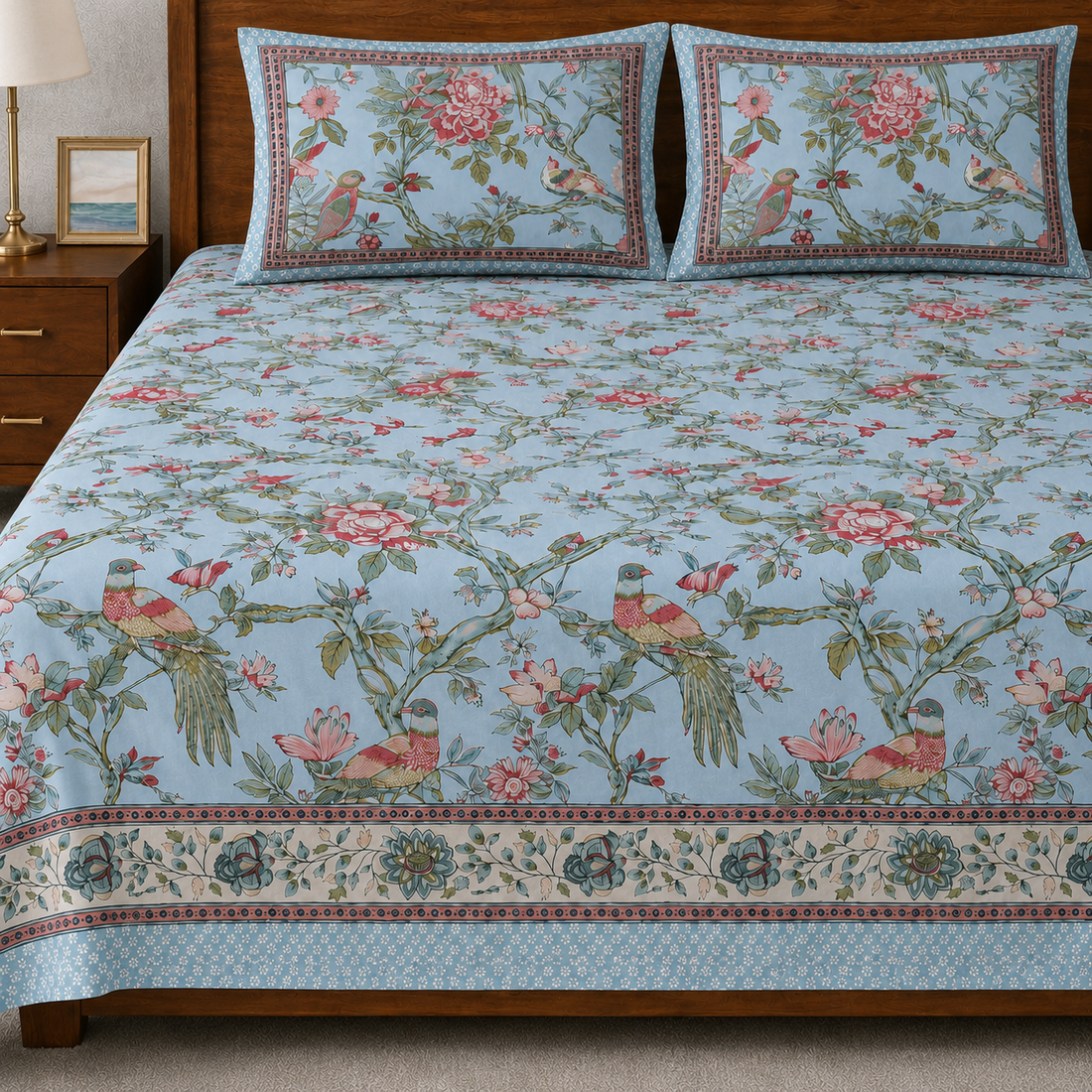 Aqua Saga Hand Block Printed Cotton King Bedsheet Set