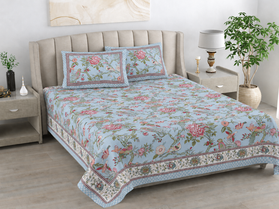 Aqua Saga Hand Block Printed Cotton King Bedsheet Set | 90x108 | 240 TC