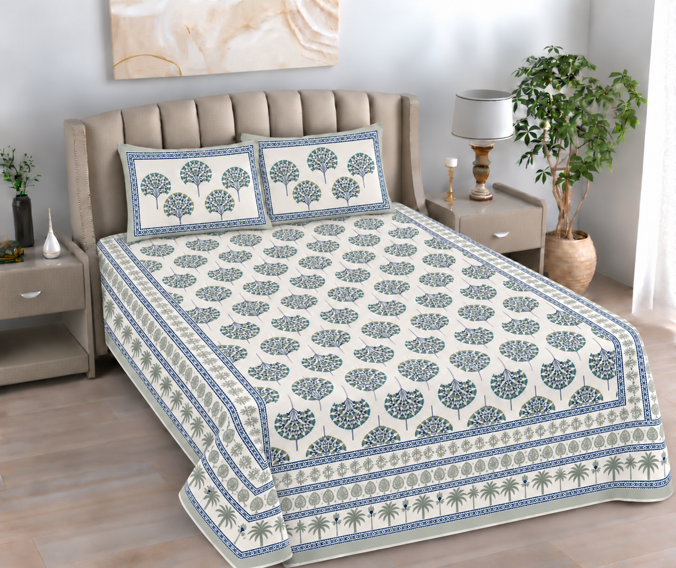 Aaram Bagh Hand Block Printed Cotton Super King Bedsheet Set | 108×108 | 240 TC