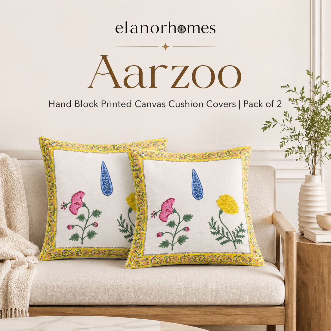 Arzoo Bloom Cushion Covers 16x16 Inches Pack of 2 | Jaipuri Hand Block Print Canvas Cotton Pillow Covers | Decorative Throw Cushion Cover Set