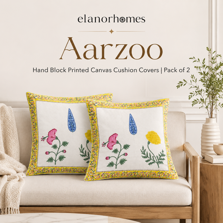 Arzoo Bloom Cushion Covers 16x16 Inches Pack of 2 | Jaipuri Hand Block Print Canvas Cotton Pillow Covers | Decorative Throw Cushion Cover Set
