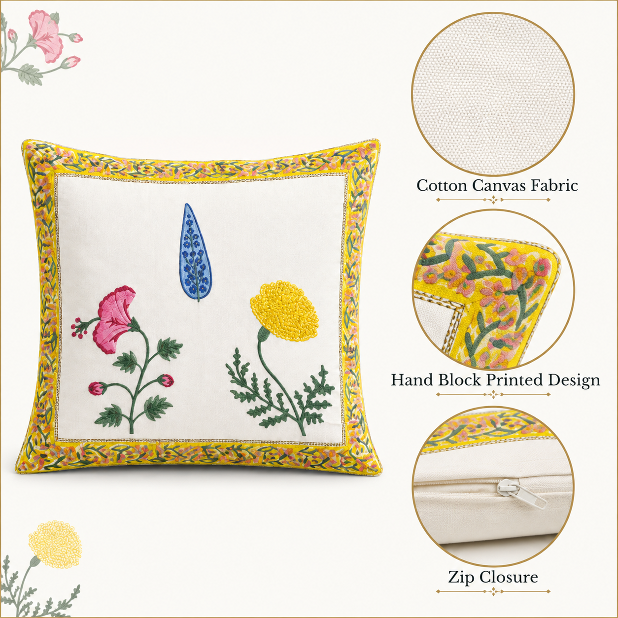 Arzoo Bloom Cushion Covers 16x16 Inches Pack of 2 | Jaipuri Hand Block Print Canvas Cotton Pillow Covers | Decorative Throw Cushion Cover Set