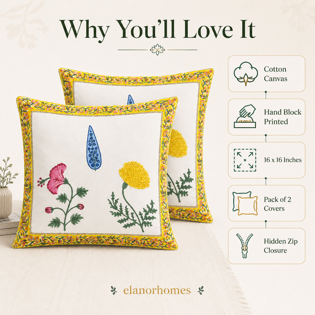 Arzoo Bloom Cushion Covers 16x16 Inches Pack of 2 | Jaipuri Hand Block Print Canvas Cotton Pillow Covers | Decorative Throw Cushion Cover Set