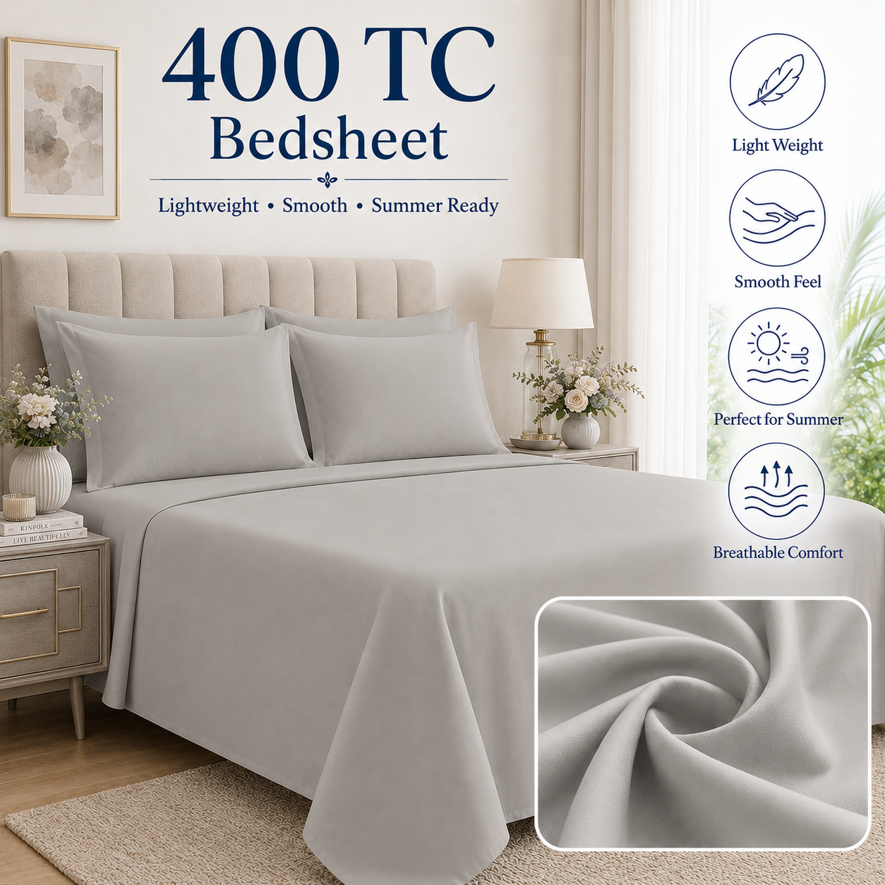 Ash Grey 400 TC Pure Cotton King Size Bedsheet with 2 Pillow Covers
