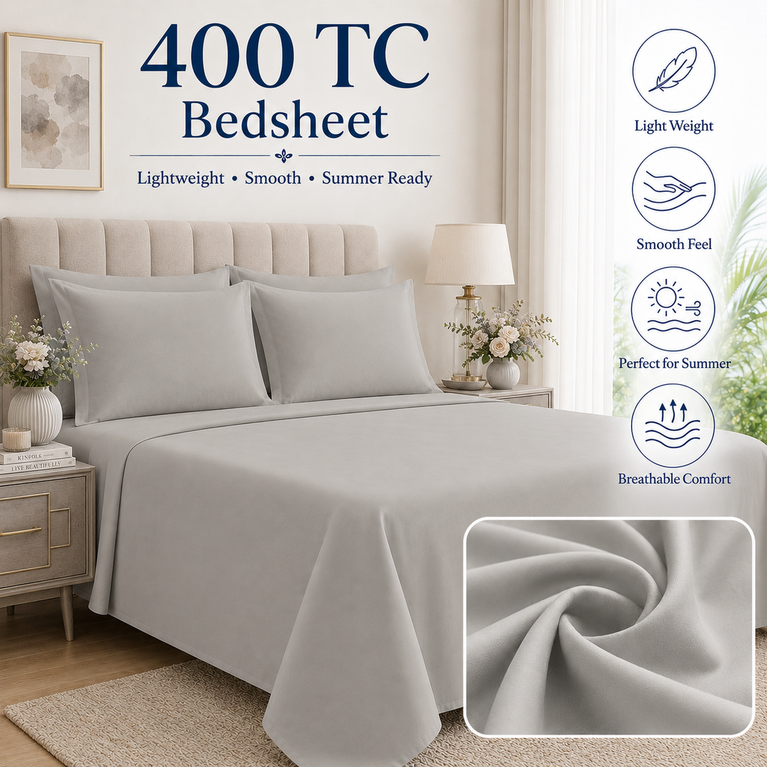 Ash Grey 400 TC Pure Cotton King Size Bedsheet with 2 Pillow Covers