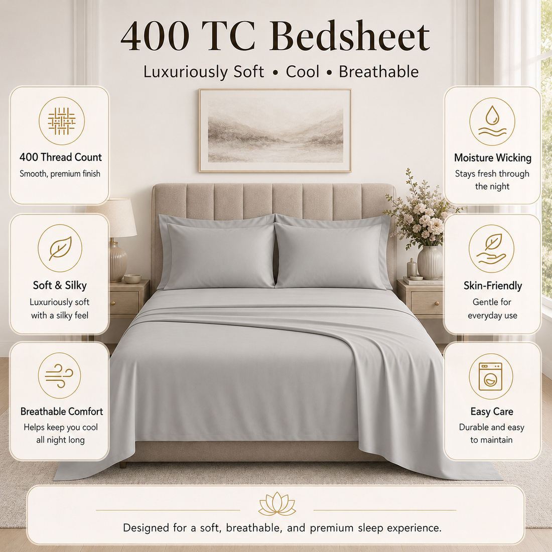 Ash Grey 400 TC Pure Cotton King Size Bedsheet with 2 Pillow Covers