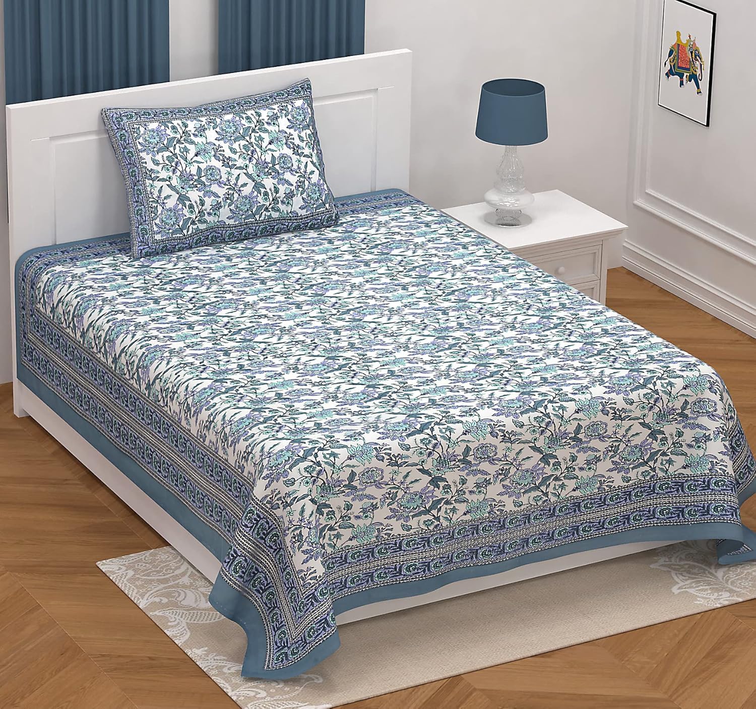 Azure Bloom Hand Block Printed Cotton Single Bedsheet 60x90 inches