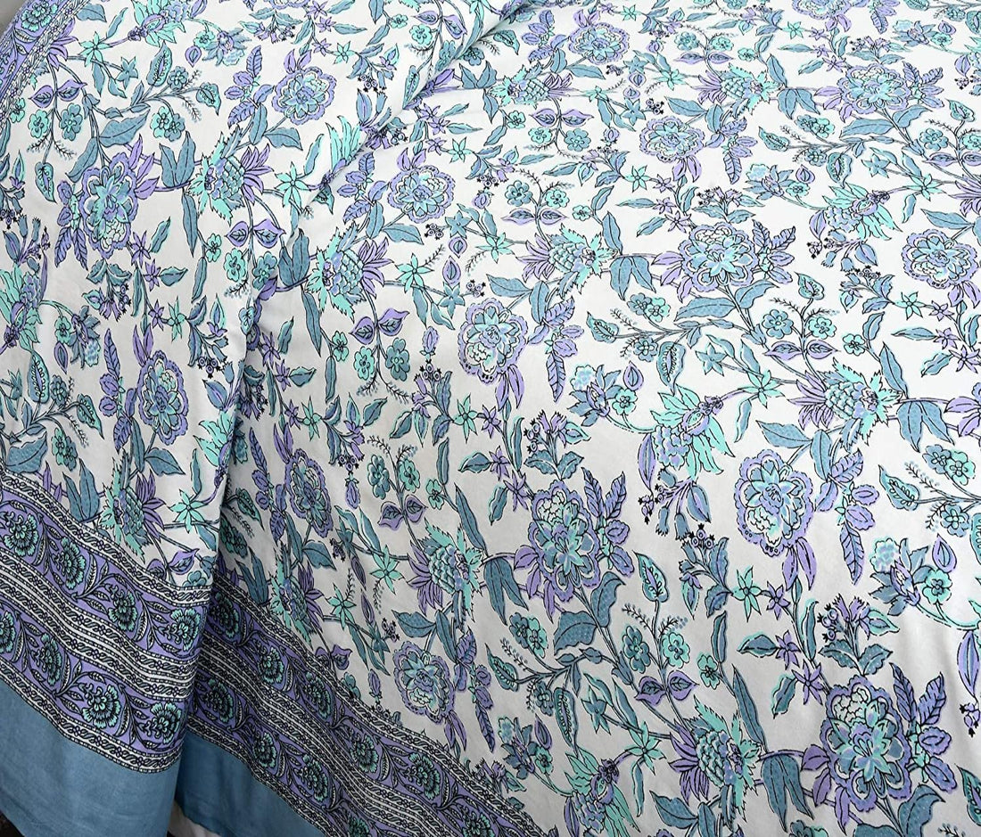 Azure Bloom Hand Block Printed Cotton Single Bedsheet | 60x90 inches
