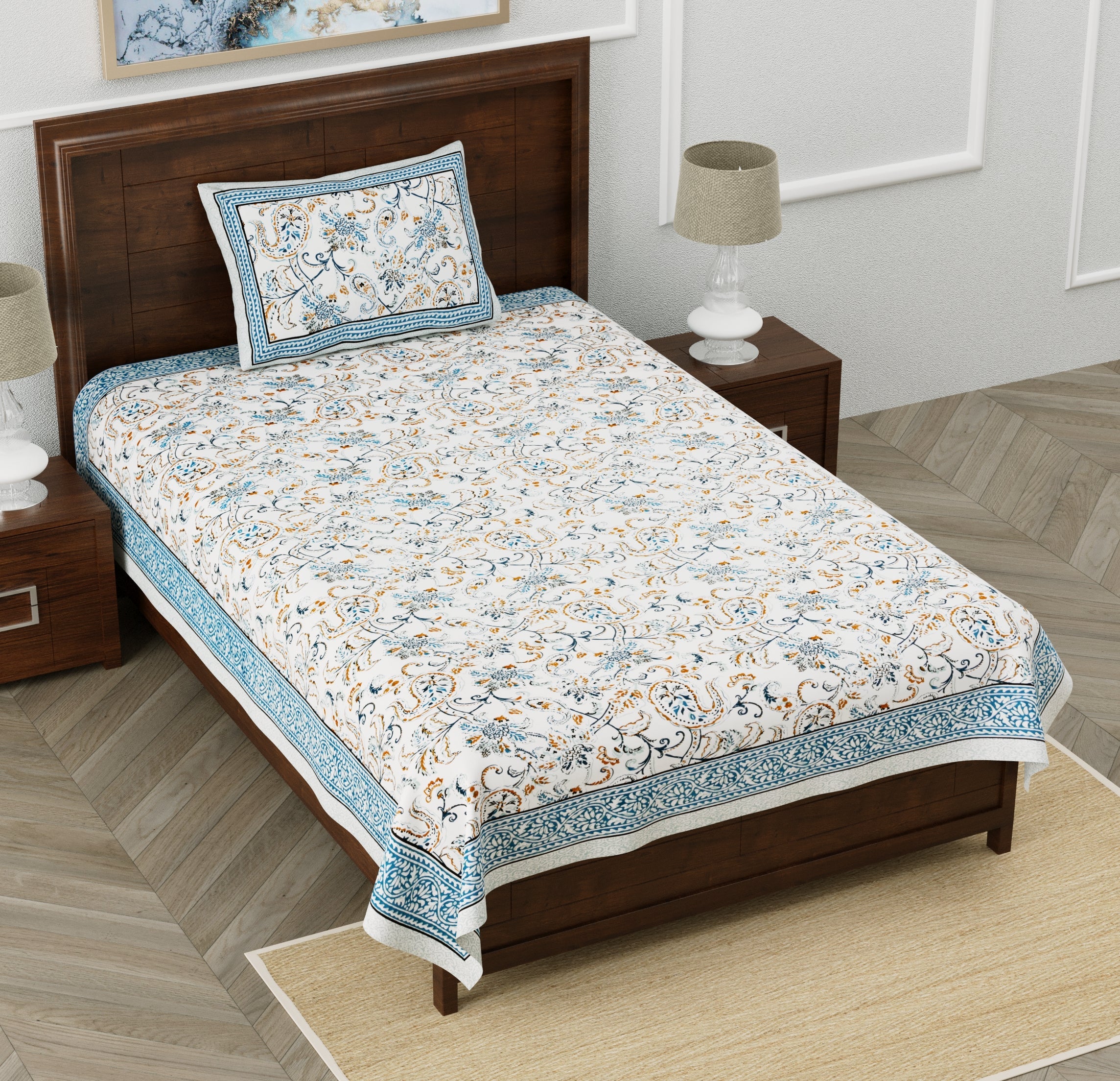Blue Floral Feast Hand Block Printed Cotton Single Bedsheet 60x90 inches