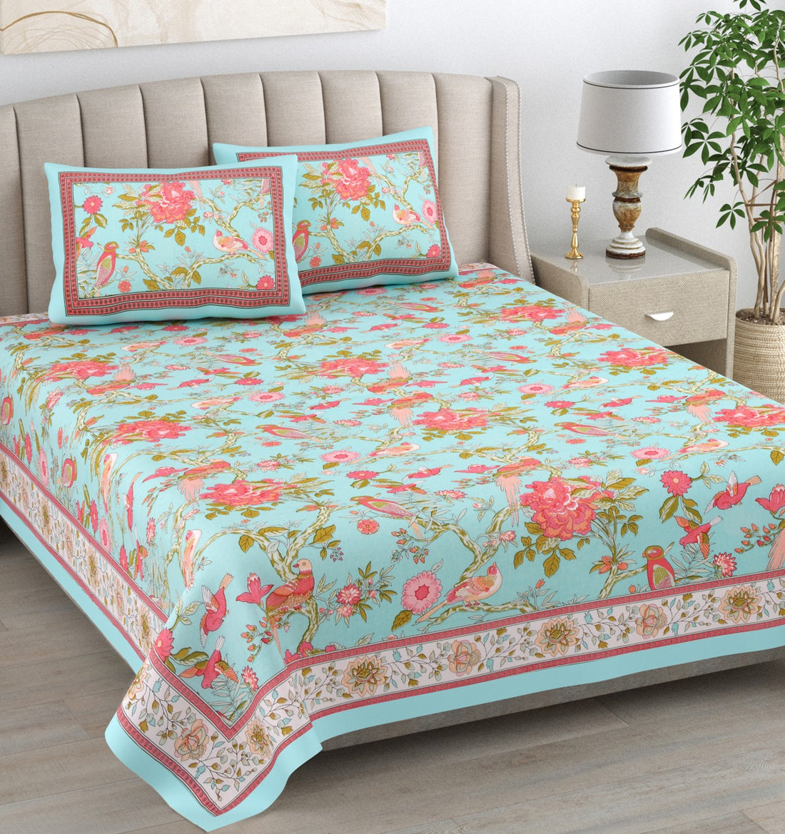 Basera Saga Hand Block Printed Cotton King Bedsheet Set