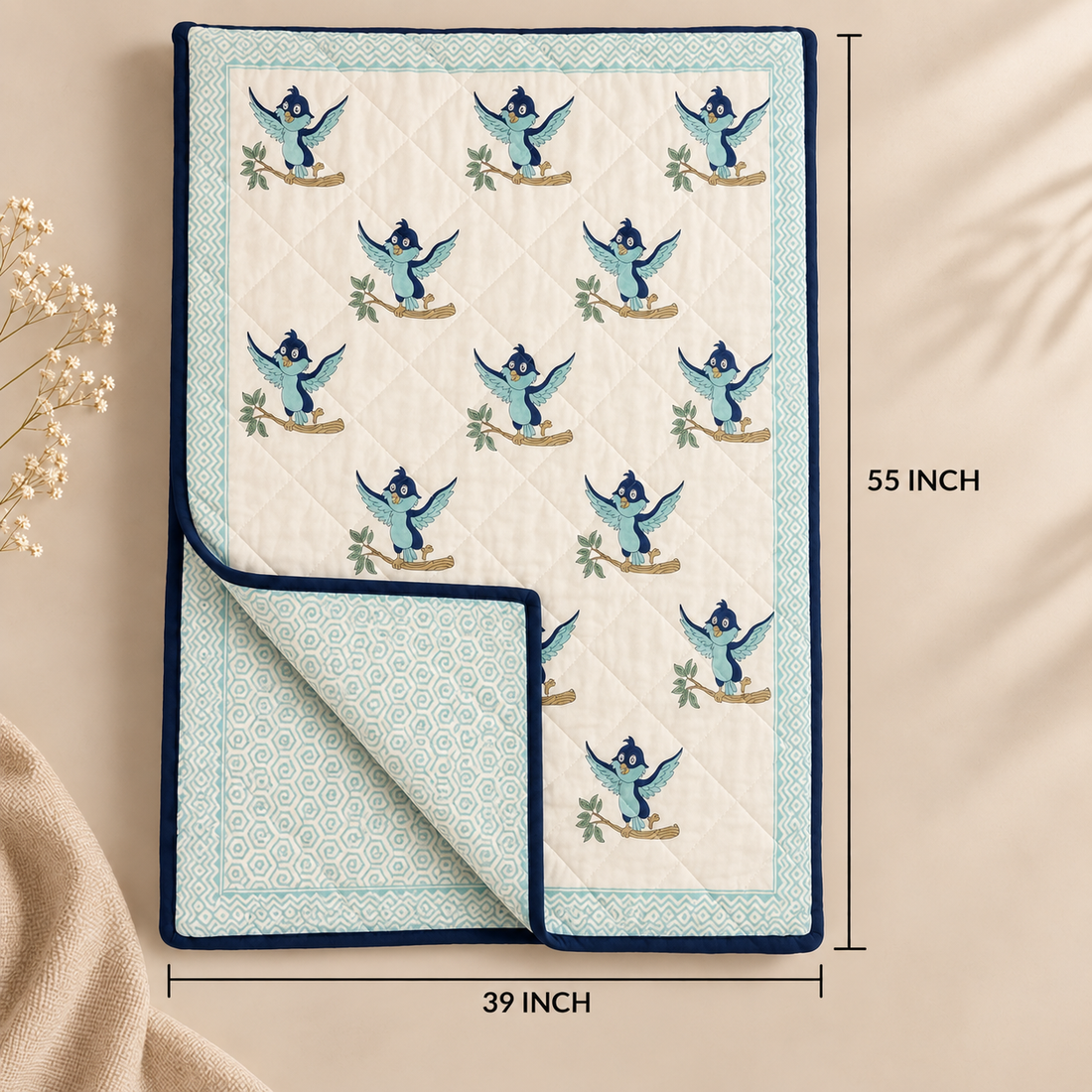 Organic Cotton Hand Printed Baby Blanket – 100x150 cm - Blue Bird