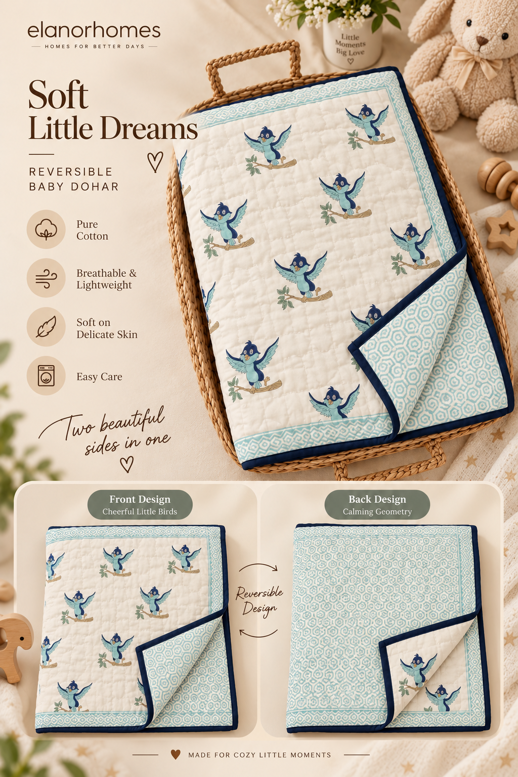 Organic Cotton Hand Printed Baby Blanket – 100x150 cm - Blue Bird