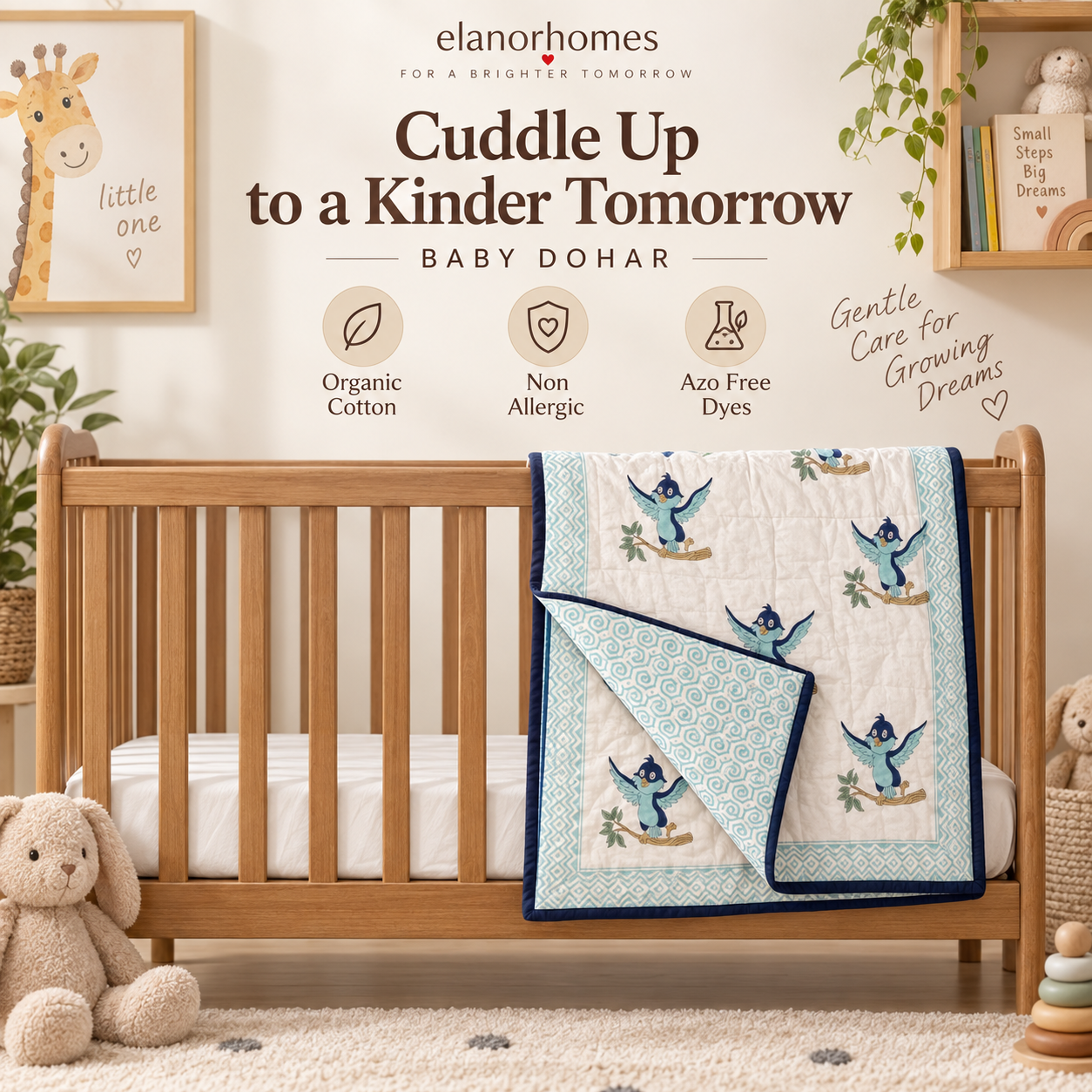 Organic Cotton Hand Printed Baby Blanket – 100x150 cm - Blue Bird