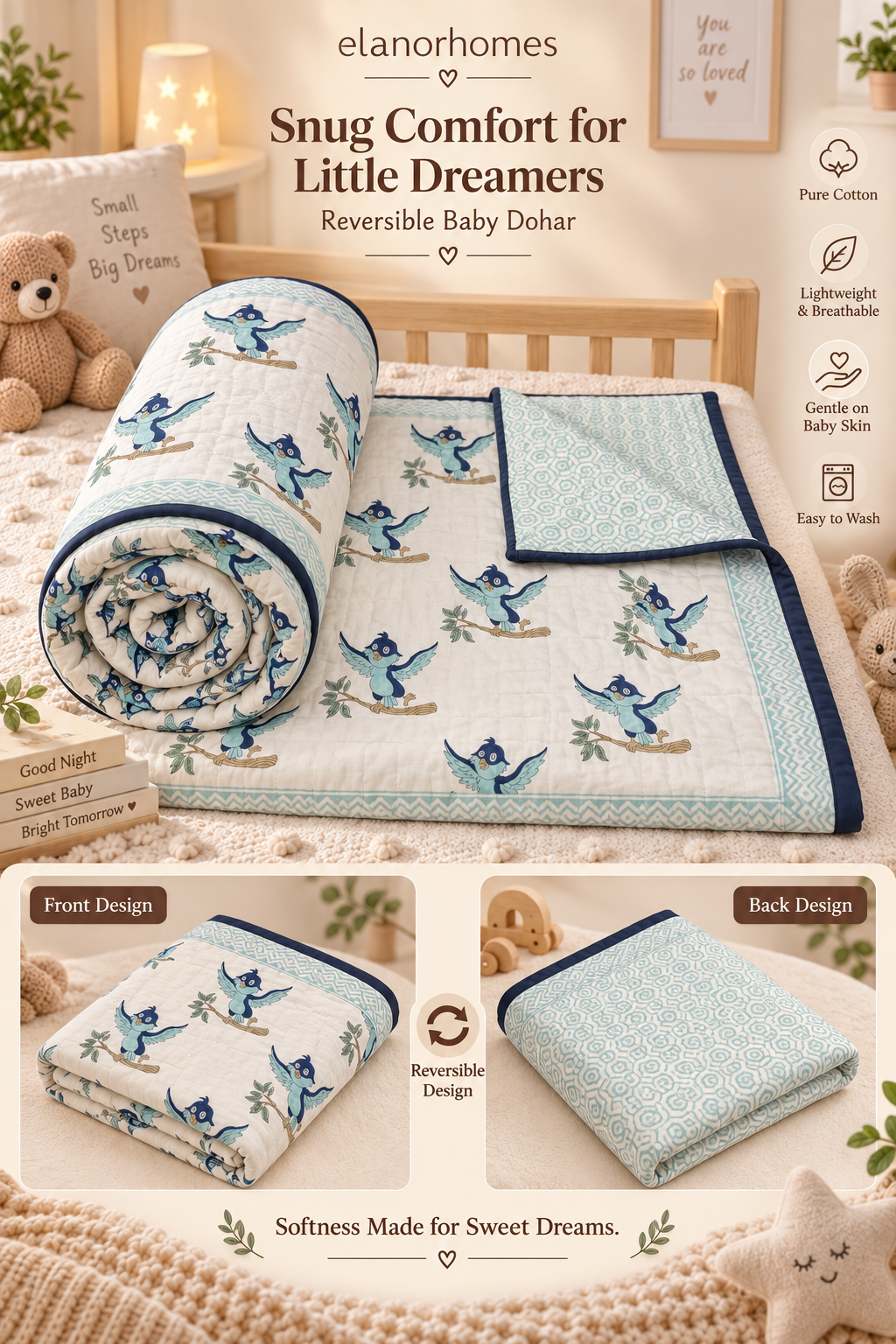 Organic Cotton Hand Printed Baby Blanket – 100x150 cm - Blue Bird