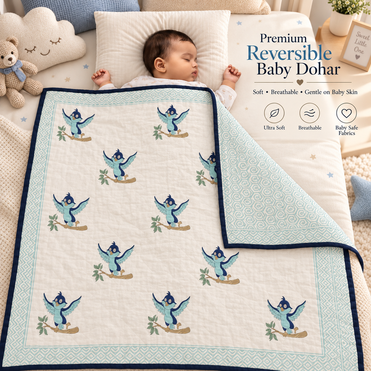 Organic Cotton Hand Printed Baby Blanket – 100x150 cm - Blue Bird