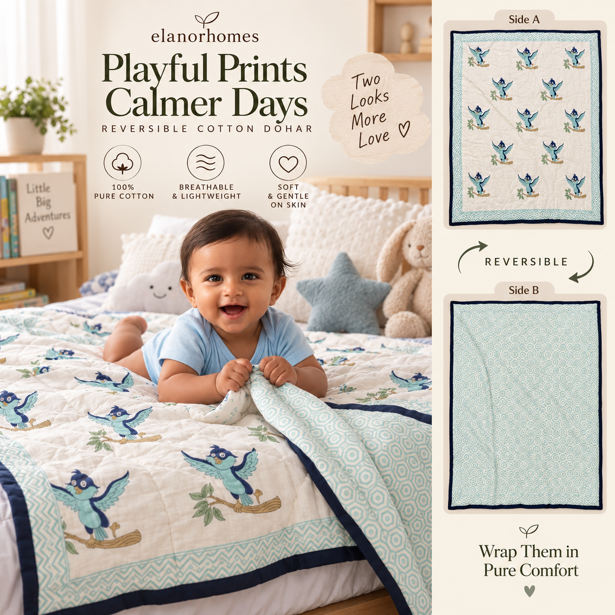 Organic Cotton Hand Printed Baby Blanket – 100x150 cm - Blue Bird