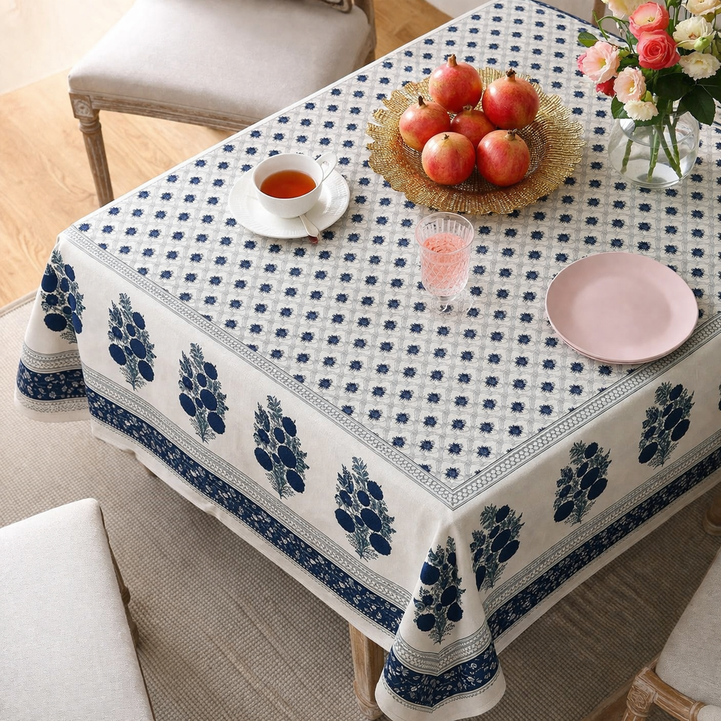 Blue hand block printed cotton table cover 6 seater 60x90 inches