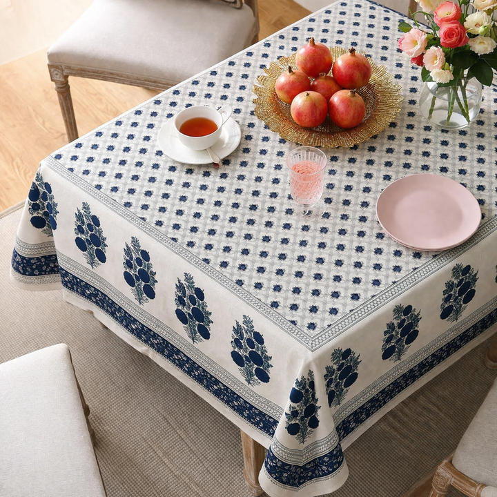 Blue hand block printed cotton table cover 6 seater 60x90 inches