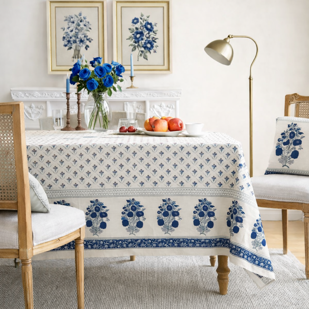 Blue Aurelia Hand Block Printed Cotton Table Cover I 6 Seater