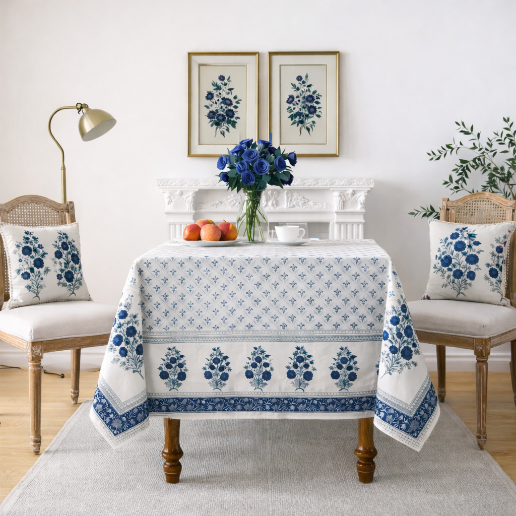 Blue Aurelia Hand Block Printed Cotton Table Cover I 6 Seater