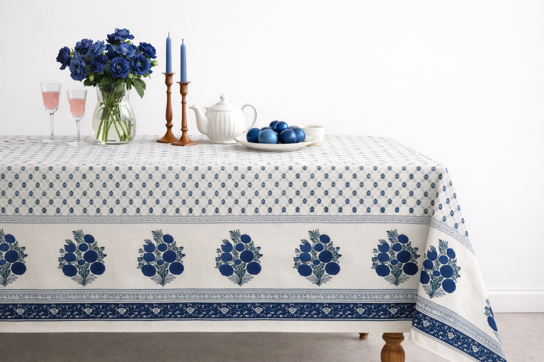 Blue Aurelia Hand Block Printed Cotton Table Cover I 6 Seater