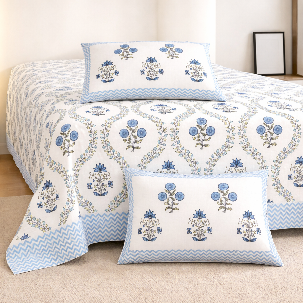 Urbana Blue Jaal Hand Block Printed Cotton King Bedsheet Set