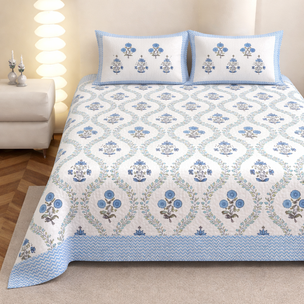 Blue Jaal Hand Block Printed Cotton King Bedsheet Set | 90x108 | 240 TC