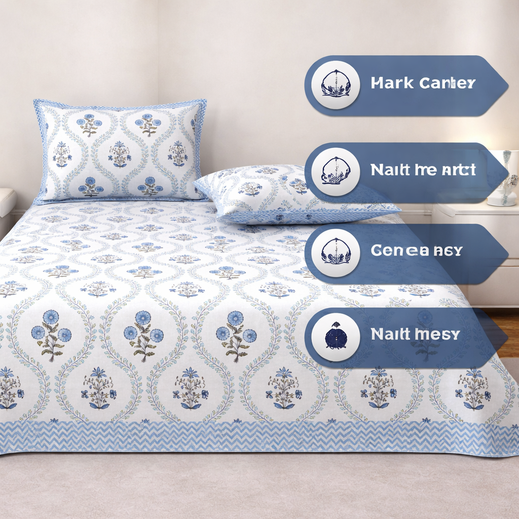 Blue Jaal Hand Block Printed Cotton King Bedsheet Set | 90x108 | 240 TC
