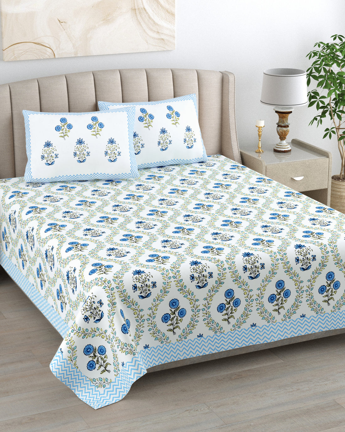 Blue Jaal Hand Block Printed Cotton King Bedsheet Set | 90x108 | 240 TC