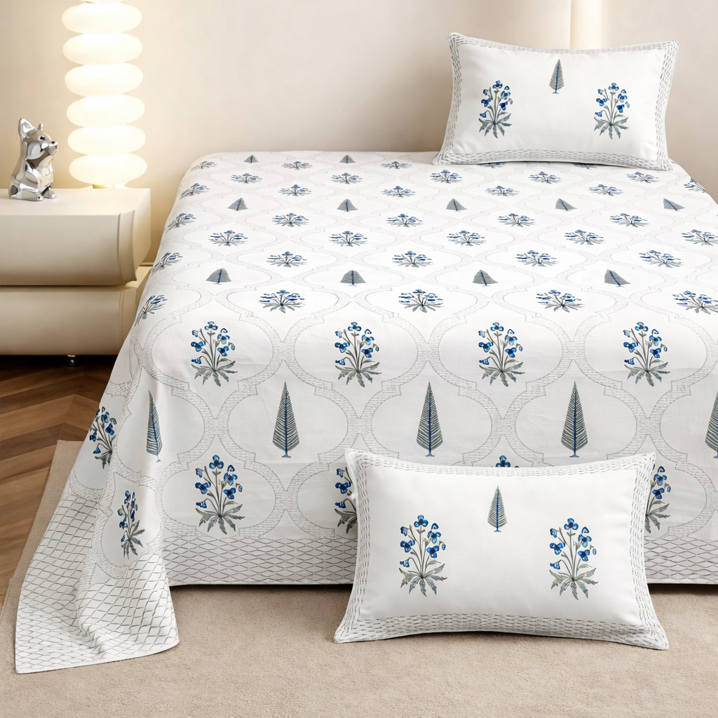 Blue Jharokha Jaal Hand Block Printed Cotton King Bedsheet Set
