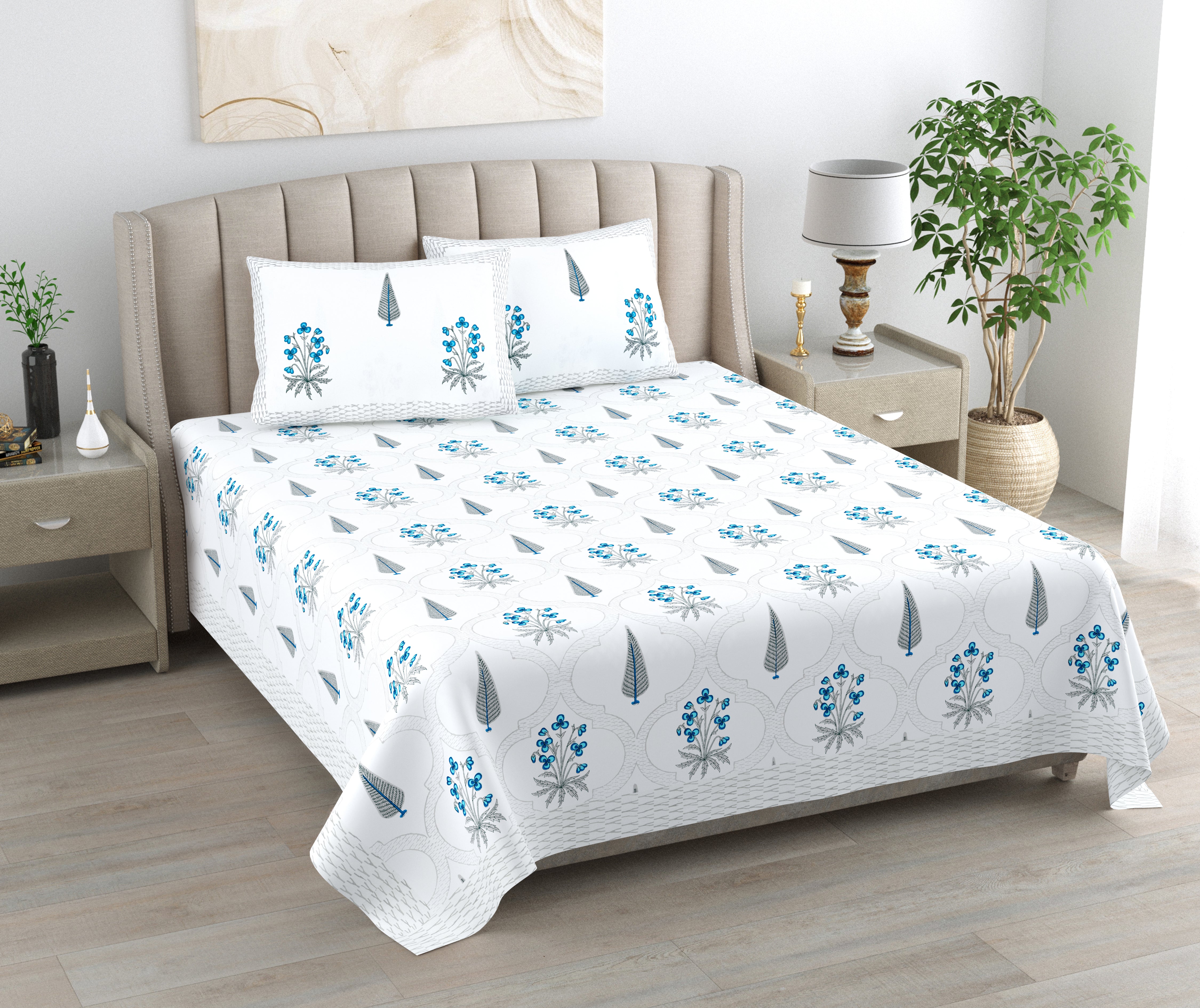 blue jharokha jaal Hand Block Printed Cotton King Bedsheet Set | 90x108 | 240 TC