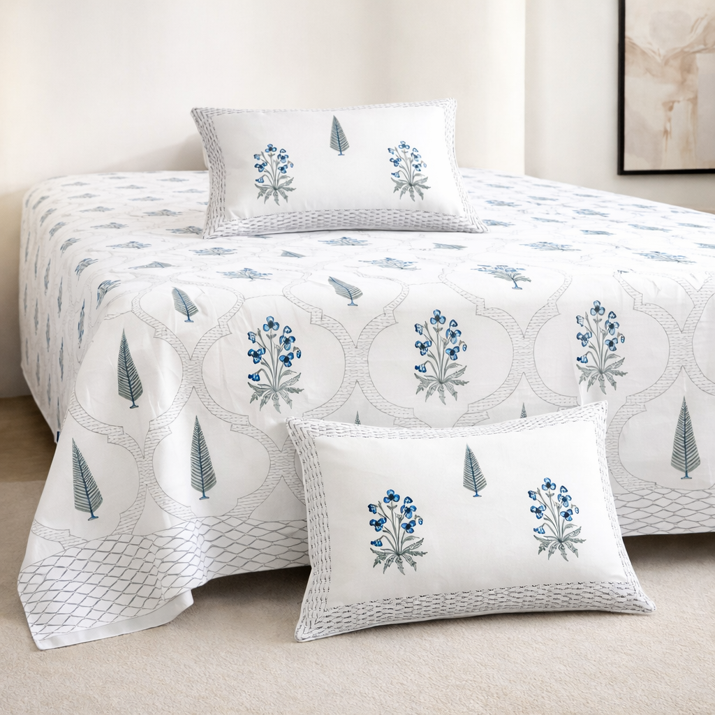 blue jharokha jaal Hand Block Printed Cotton King Bedsheet Set | 90x108 | 240 TC